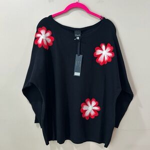 Aaeda Black  Sweater 3D Flower Appliqué Dolman Sleeve Knit Top Women XL